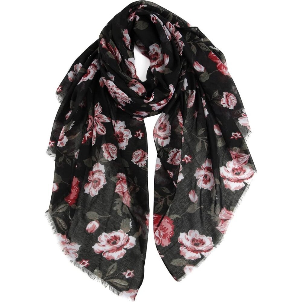 Women Black Fashion Flowers Print Scarves Winter Head Shawl Cotton Wrap